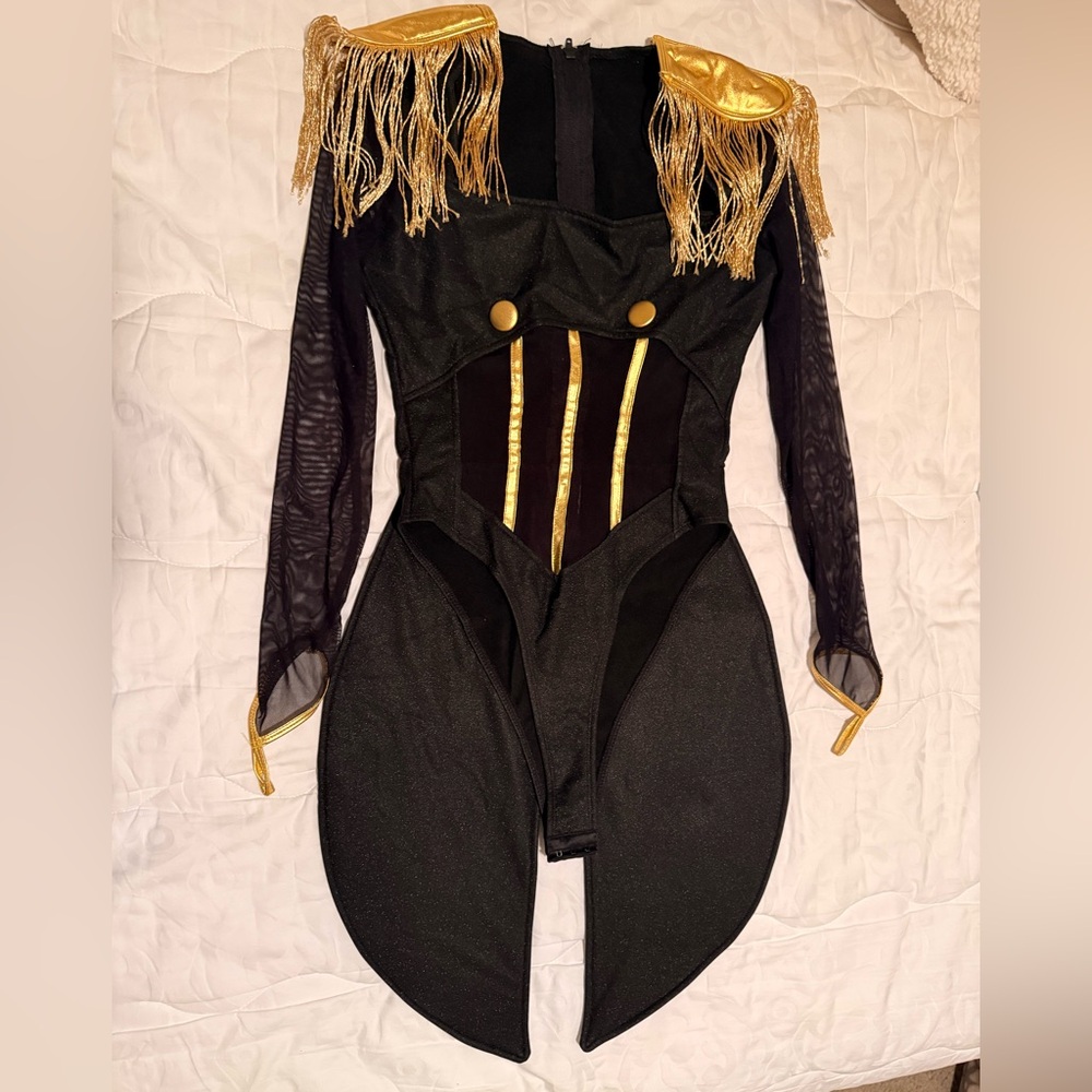 Sexy Ringmaster Costume Bodysuit Black Gold Circus w Stockings S/M